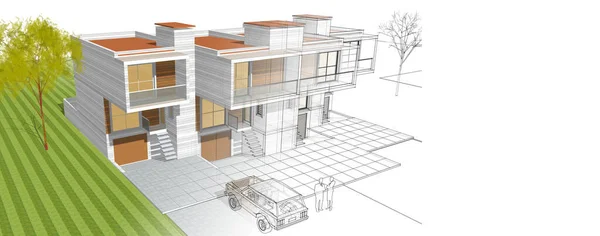 Townhouse Desenho Arquitetônico Ilustração — Fotografia de Stock