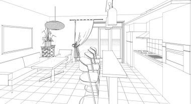 İç mutfak oturma odası 3D görüntü