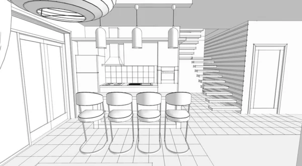 Innenraum Küche Wohnzimmer Illustration — Stockfoto