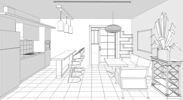 Interior Dapur Ruang Tamu Ilustrasi — Stok Foto