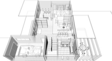 ev planı iç mimari taslak 3D illüstrasyon