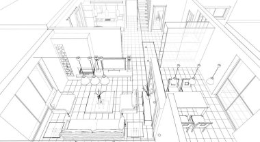 ev planı iç mimari taslak 3D illüstrasyon