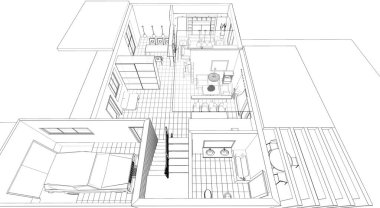ev planı iç mimari taslak 3D illüstrasyon