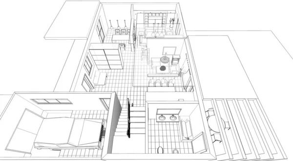 Dom Plan Wnętrze Architektoniczny Szkic Ilustracja — Zdjęcie stockowe