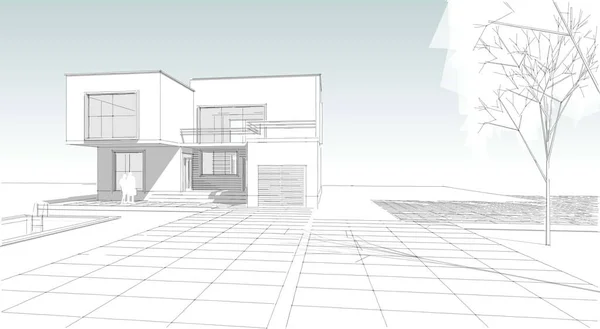 别墅建筑草图3D图解 — 图库照片