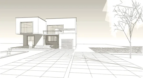 别墅建筑草图3D图解 — 图库照片