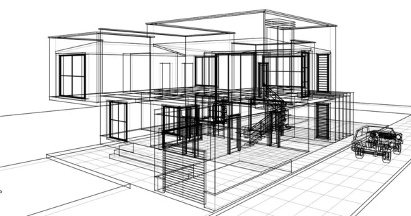 别墅建筑草图3D图解 — 图库照片