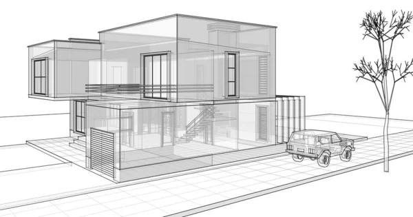 别墅建筑草图3D图解 — 图库照片