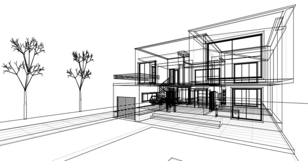 别墅建筑草图3D图解 — 图库照片