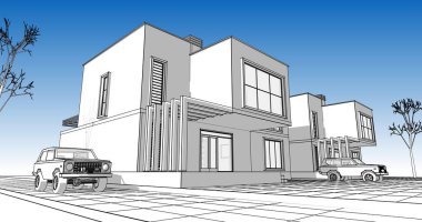 Kasaba mimarisi çizimi 3D illüstrasyon