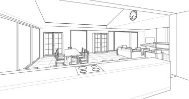 iç tasarım çizimi, 3 boyutlu illüstrasyon