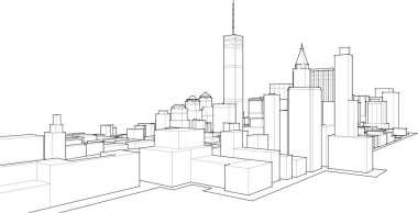 Beyaz arka planda ana hatlı binalar olan şehir