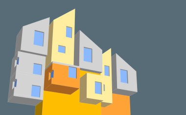 Modern mimarinin 3 boyutlu yansıması beyaz bir arkaplanda izole edilmiş.