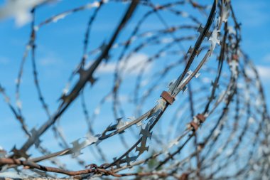Mavi gökyüzüne karşı çitin etrafına sarılmış dikenli teller.