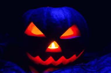 Glowing pumpkin with a candle inside close-up in the foliage with blue illumination. Halloween decorations, background. clipart