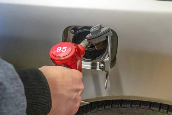 Man Hand Refuels Gray Car Gas Station Close — Stock Photo, Image