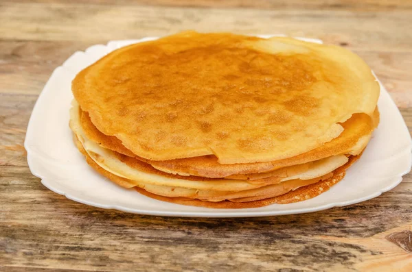 Fried Thin Pancakes White Plate Wooden Table Close — Stock Photo, Image