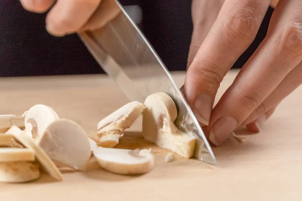 Women Hands Cut Mushrooms Wooden Board Close — Stock Photo, Image