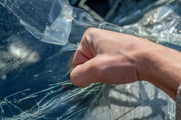 Man Fist Broken Windshield Cracks Windshield Car Impact — Stock Photo, Image