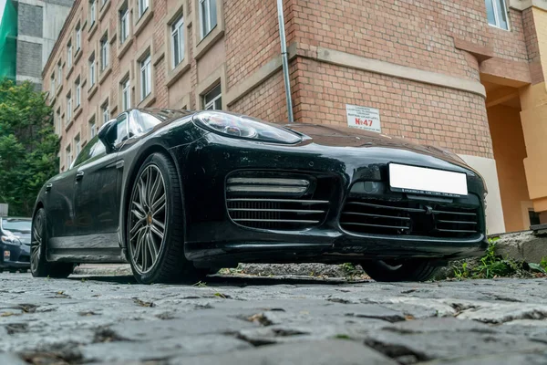 Tbilisi Geórgia Junho 2019 Carro Porsche Preto Rua Com Uma — Fotografia de Stock