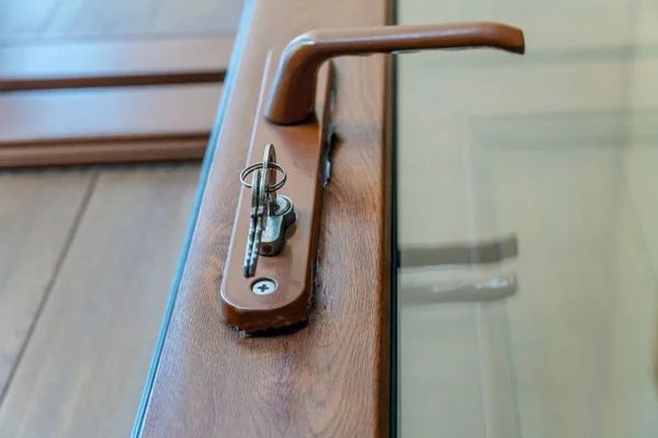 Close-up image of an interior door handle and key lock. Entrance or balcony door, photo outside
