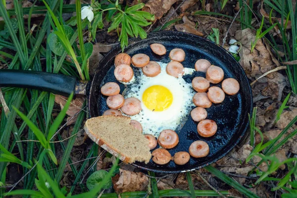 Frigideira Com Ovos Salsicha Pedaço Pão Fica Chão Entre Grama — Fotografia de Stock