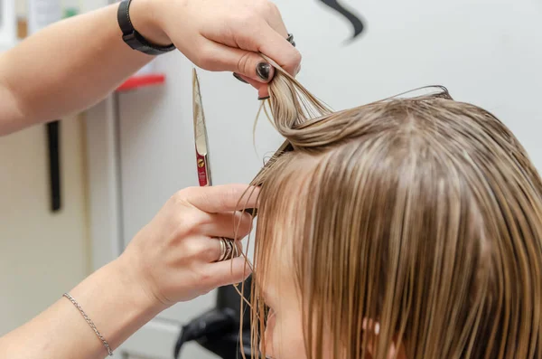 Cabeleireiro Cortar Cabelo Loiro Salão Cabeleireiro Processos Corte Salão Cabeleireiro — Fotografia de Stock