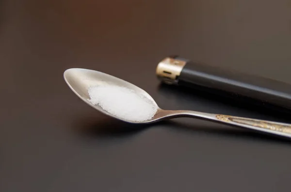 Spoon Drugs Heroin Cooking Dark Table Drug Addiction Concept — Stock Photo, Image