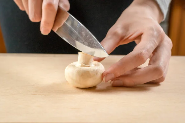 Women Hands Cut Mushrooms Wooden Chopping Board Close — Stock Photo, Image