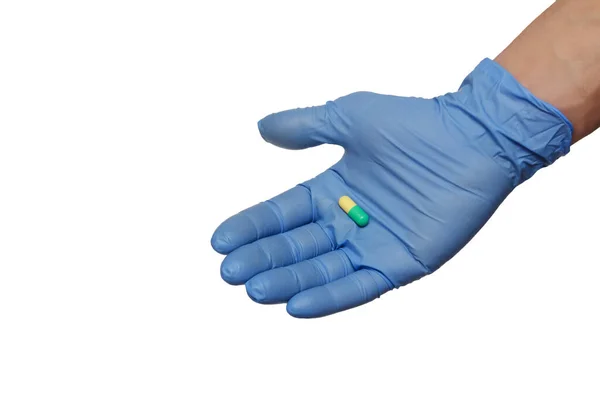 Pills Hands Blue Gloves — Stock Photo, Image