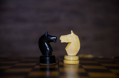 Satranç atları birbirinin önünde. Satranç tahtasındaki siyah beyaz atlar. Kapat.