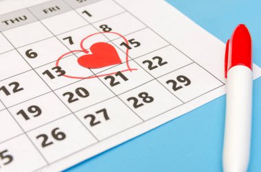 Sevgililer Günü 'nde takvimde bir kalp, kağıt kalpler ve keçeli kalem var. Tatil kavramı