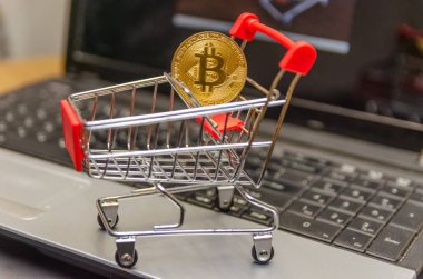 Kırmızı sepetteki altın bitcoin bir dizüstü bilgisayarın üzerinde duruyor. Modern teknoloji kavramı