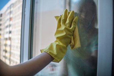 Sarı eldivenli, paçavra ve sprey deterjanla pencereyi temizleyen kadın eli. Temizlik kavramı