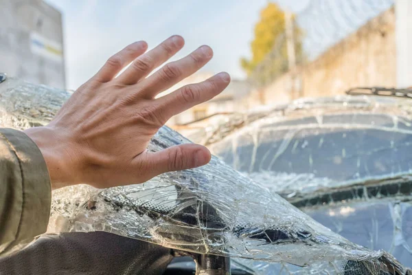 Man Fist Broken Windshield Cracks Windshield Car Impact — Stock Photo, Image