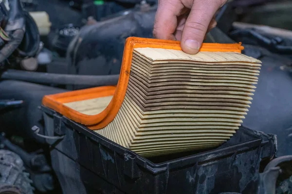 Replacing Clogged Orange Car Air Filter General Vehicle Maintenance Backup — Stock Photo, Image