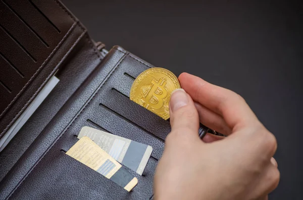 Bitcoin Dourado Carteira Couro Bitcoin Com Dólar Bolsa Lucro Mineração — Fotografia de Stock
