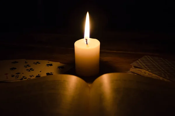 Mystical Atmosphere Cards Book Lighted Candle Dark Wooden Table Esoteric — Stock Photo, Image