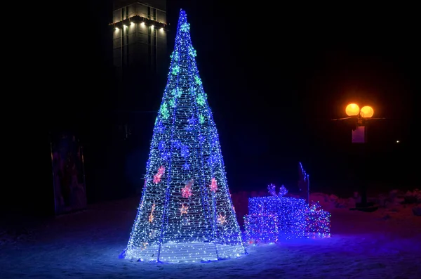 Karácsonyfa Fények Utcán Újév Karácsony — Stock Fotó