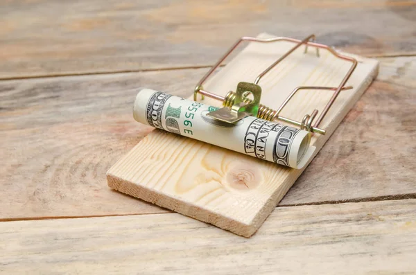 Dollars Mousetrap Hundred Dollar Bill Wooden Background Copy Space — Stock Photo, Image