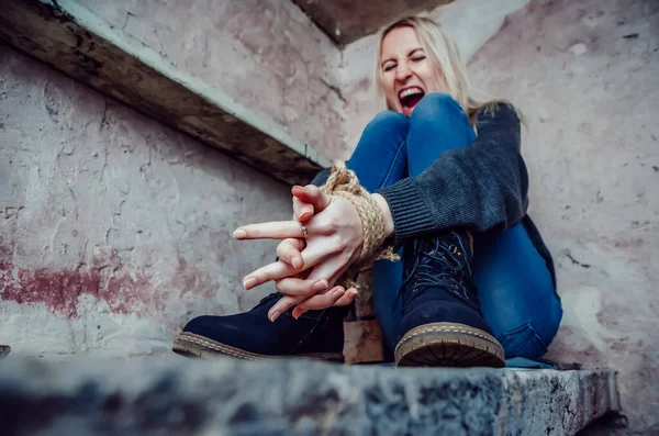 Blonde Girl Her Hands Tied Sitting Basement Yelling Help Concept — Stock Photo, Image