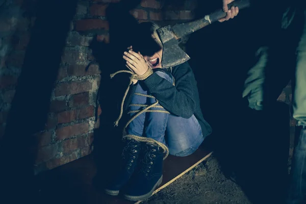 Irl Her Hands Feet Tied Sitting Basement Screaming Man Rubber — Stock Photo, Image