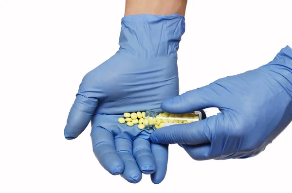 Pills Hands Blue Gloves — Stock Photo, Image