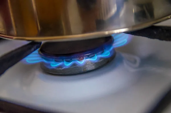 Close Blue Flame Burning Gas Gas Stove Pan Gas Burners — Stock Photo, Image