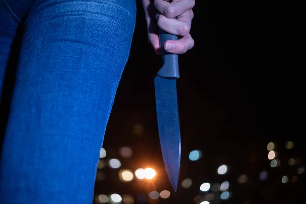 Girl Knife Her Hands Street Night Close Concept Robbery — Stock Photo, Image