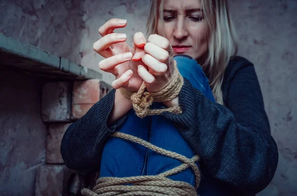 Blonde Girl Her Hands Feet Tied Sitting Basement Concept Kidnapping — Stock Photo, Image