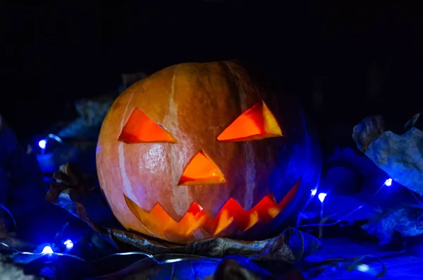 Ragyogó Tök Sötétben Közelkép Koncepció Halloween Háttér — Stock Fotó