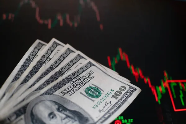 Amerikai Dollárbankjegyek Háttérben Árfolyamok Dinamikájával Kereskedelem Pénzügyi Kockázat Fogalma — Stock Fotó