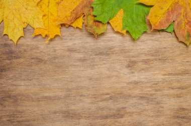 Sonbahar arkaplanı ahşap tahtada, üst görünümde