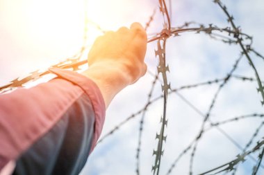 Bir adamın eli çitin dikenli telini tutuyor. Kaçış konsepti. Işıklı fotoğraf, ışık